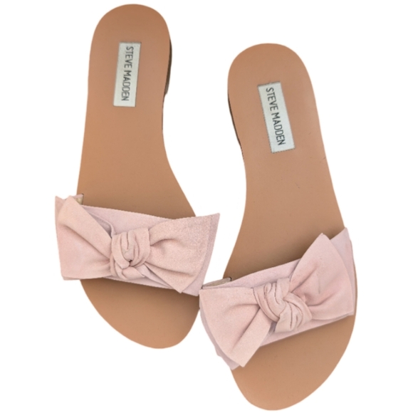 Steve Madden Knotts Pink Bow Slide Sandals Size 6.5 Blush Flat - Picture 4 of 9